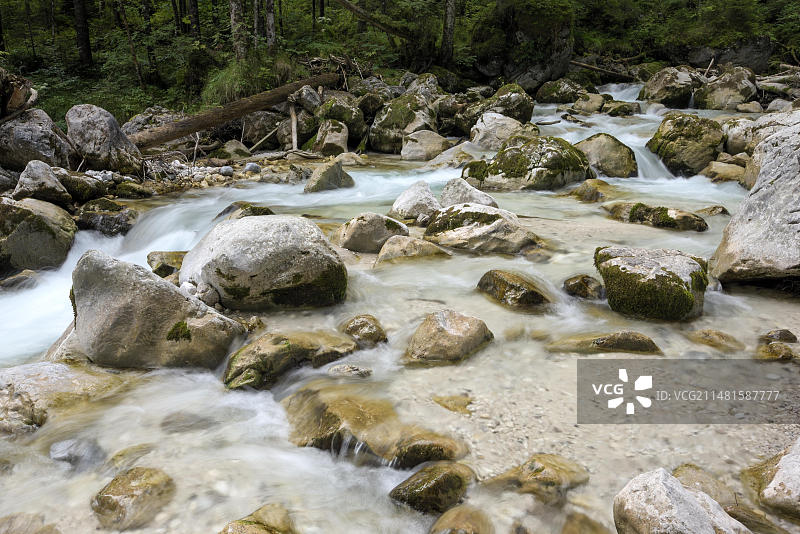 Ramsauer Ache，山间溪流，位于欧洲德国巴伐利亚州贝希特斯加登州贝希特斯加登国家公园拉姆索的Hintersee魔法森林图片素材
