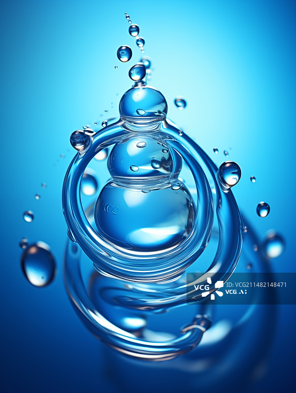 【AI数字艺术】蓝色背景下的水特写镜头，蓝色背景下水滴的特写镜头图片素材