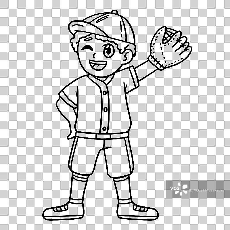 棒球少年投手挥舞着孤立的涂色页图片素材