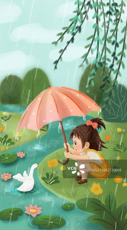 二十四节气 谷雨 撑伞的女孩 可爱的女孩 雨中小河边图片素材