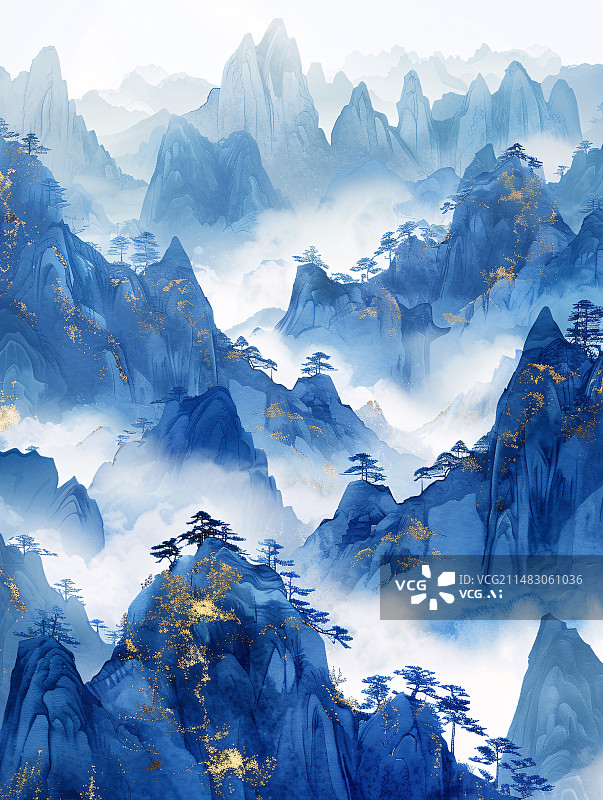 【AI数字艺术】新中式意境蓝色山水画，抽象山水装饰画图片素材