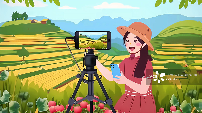 【AI数字艺术】农村电商直播爱心助农卡通插画图片素材