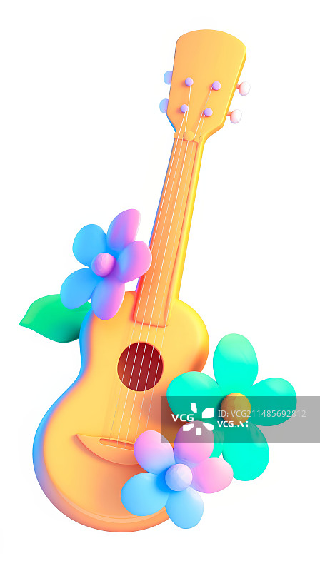 【AI数字艺术】3D渲染的可爱风吉他插画图片素材
