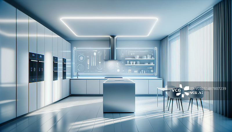 【AI数字艺术】现代科技感的室内厨房，厨房，饭厅，餐桌图片素材