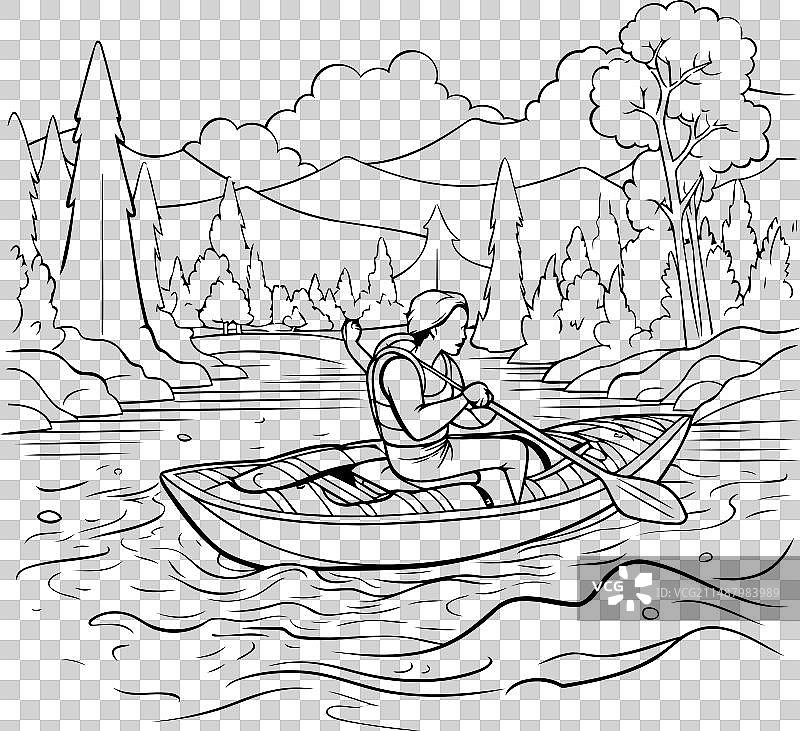 一个人在湖中划着一条黑白相间的船图片素材