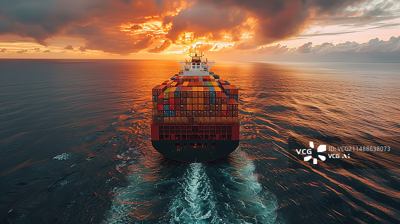 【AI数字艺术】一艘集装箱船满载货物驶出港口图片素材