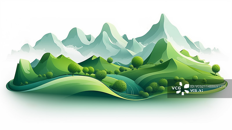 【AI数字艺术】夏日绿色山水3D极简插画背景图片素材