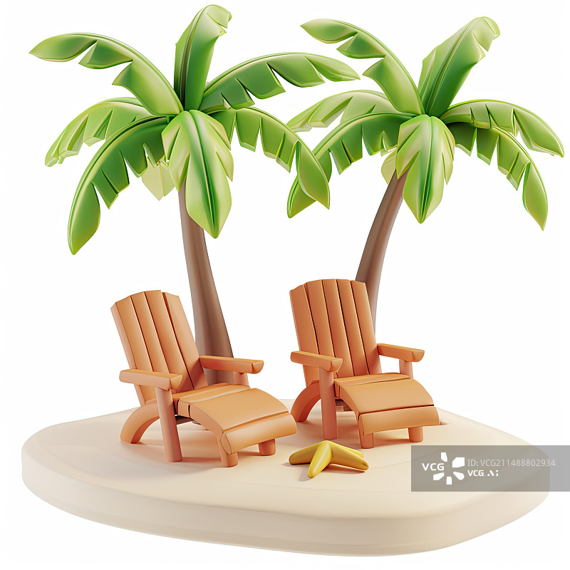 【AI数字艺术】白色背景下的夏天沙滩椰子树躺椅海浪3D元素插画图片素材