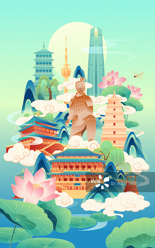 国风西安城市地标建筑夏季节气彩色矢量插画图片素材