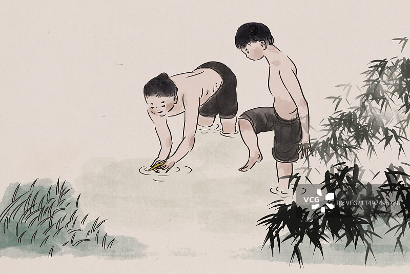 中国风新中式古风古典传统文化水墨风水墨画童年往事小时候美好回忆捉鱼捉泥鳅玩耍插画图片素材