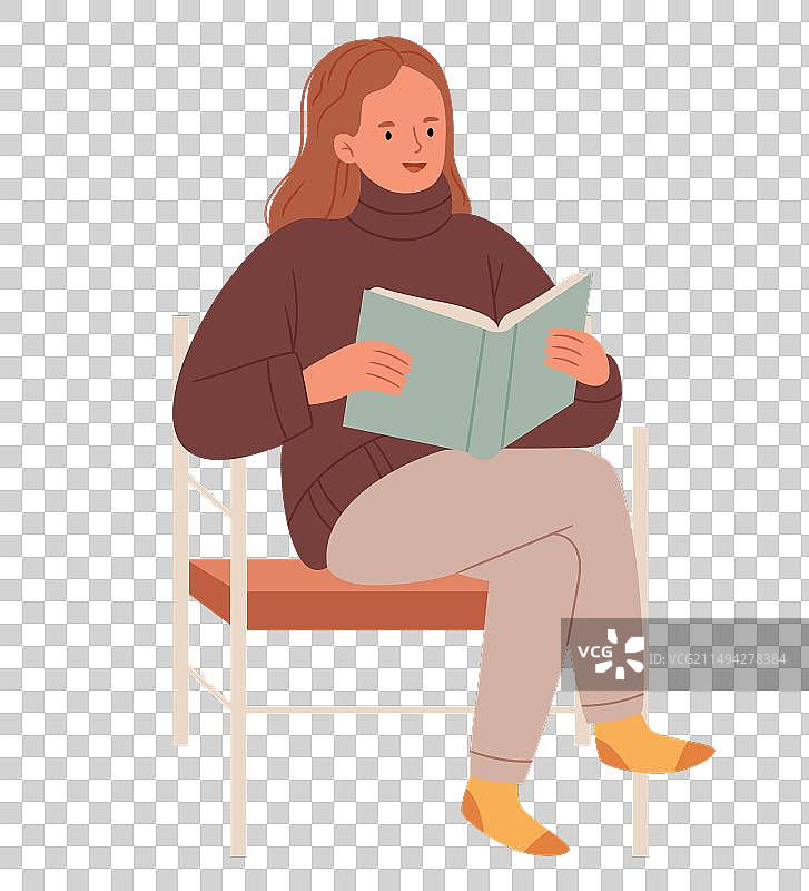 一个穿着舒适毛衣的女孩坐在椅子上看书图片素材