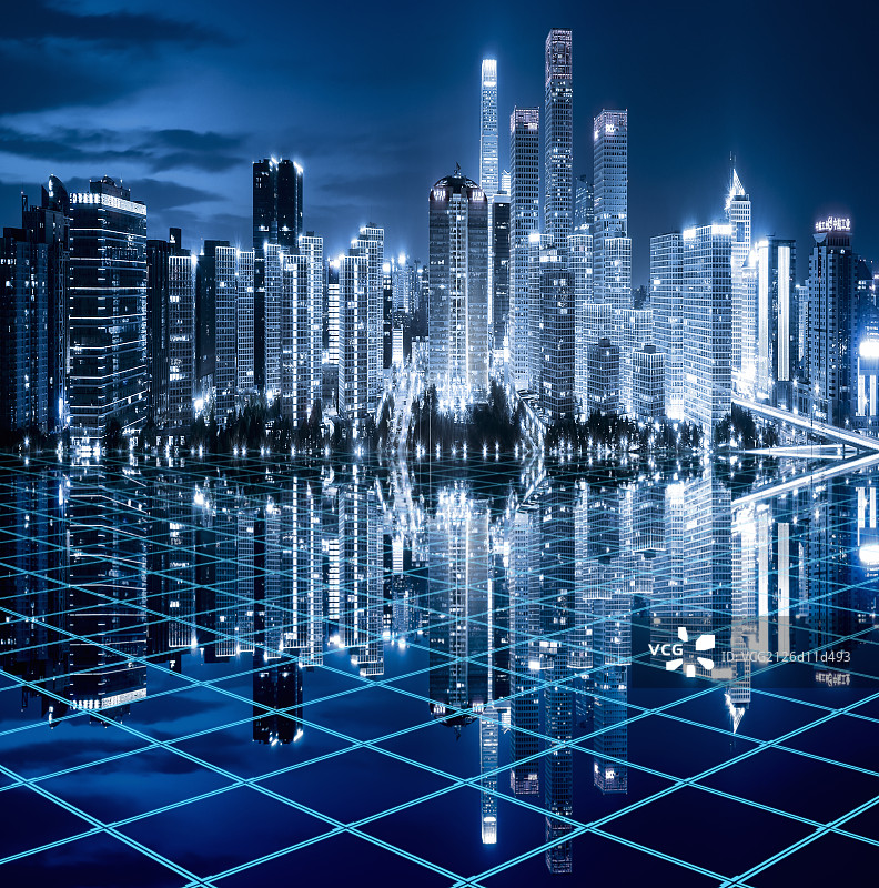 科幻未来感摩天大楼建筑群和玻璃地面图片素材