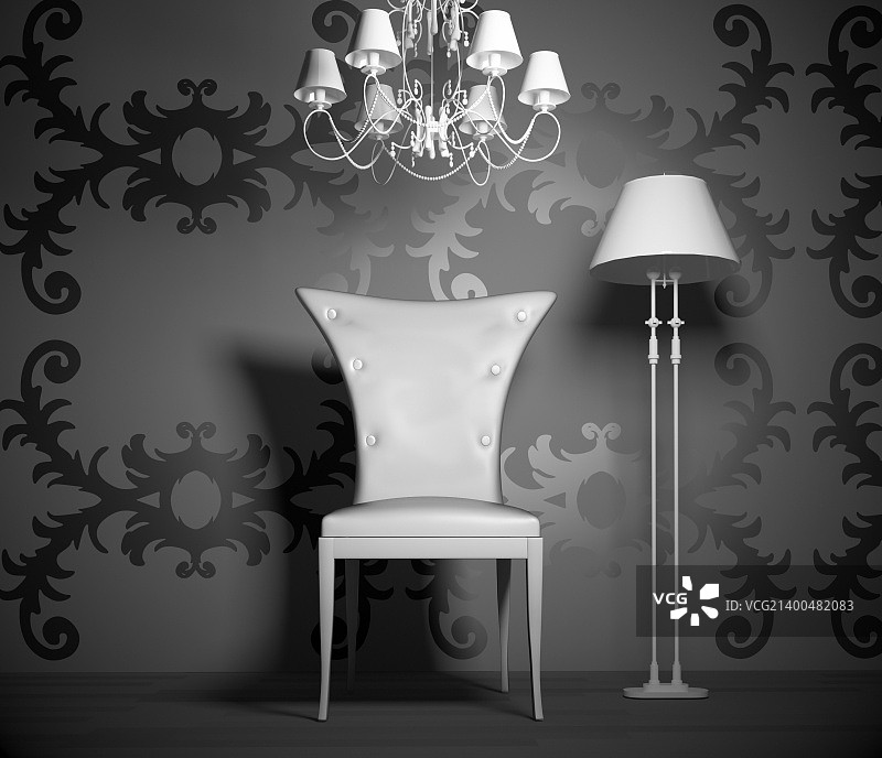 3D室内场景与复古的椅子和灯。图片素材