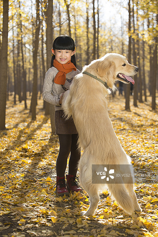 小女孩和宠物狗在秋日树林里玩耍图片素材