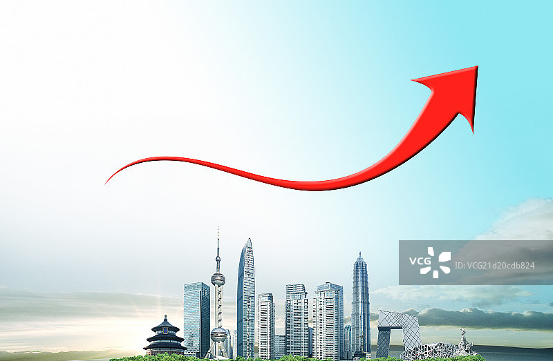 中国城市建筑上空的红色箭头图片素材