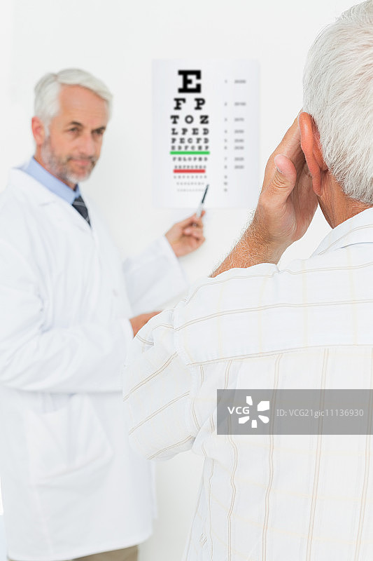 男儿科医生眼科医生和资深病人在诊所指着视力表图片素材