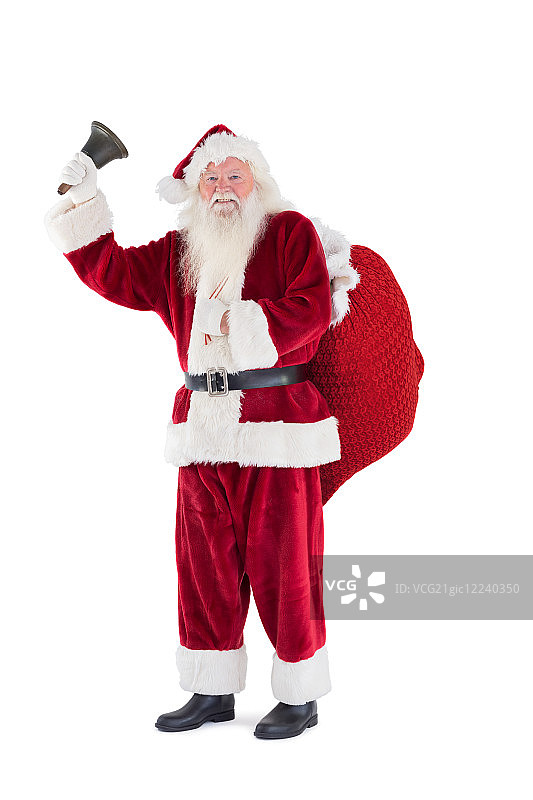 圣诞老人对着白色背景的摄像机摇铃图片素材