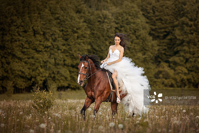 新娘穿着婚纱骑马图片素材