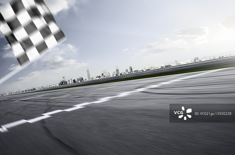 F1赛道速度特效方格旗和北京CBD远景图片素材