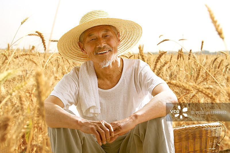 老年农民坐在田埂上休息图片素材