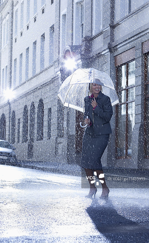 在雨天的街道上雨伞下的女商人图片素材