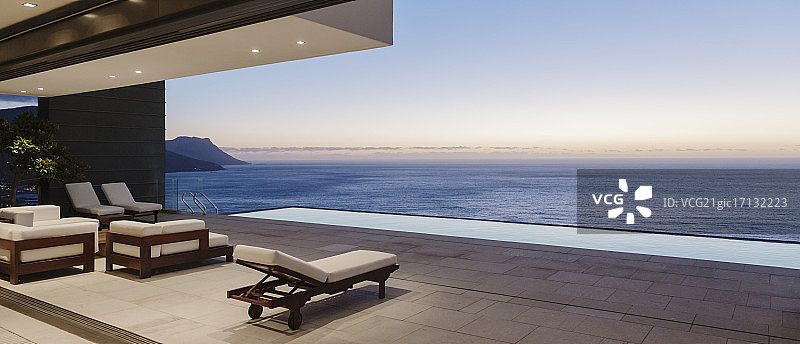现代的露台和无限的游泳池俯瞰海洋在日落图片素材