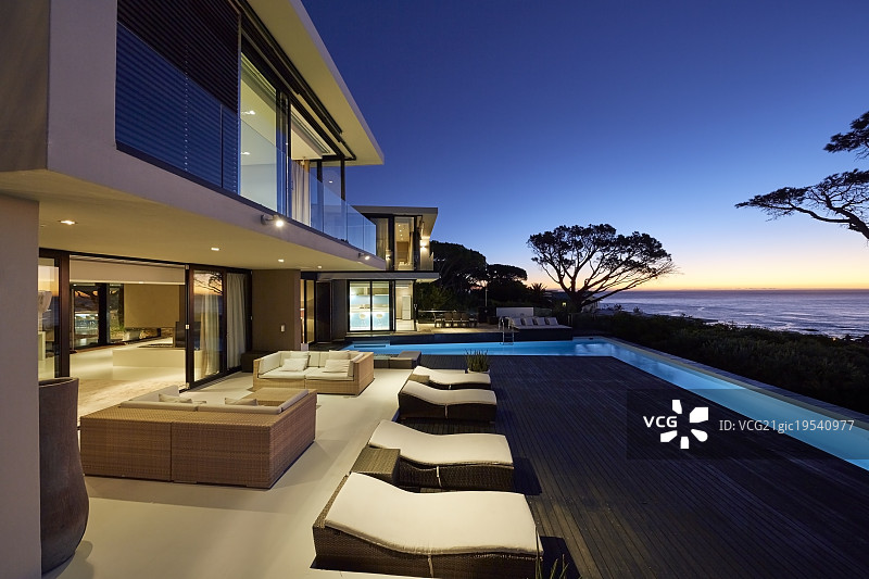 现代豪华的家展示庭院与照明游泳池在黄昏图片素材
