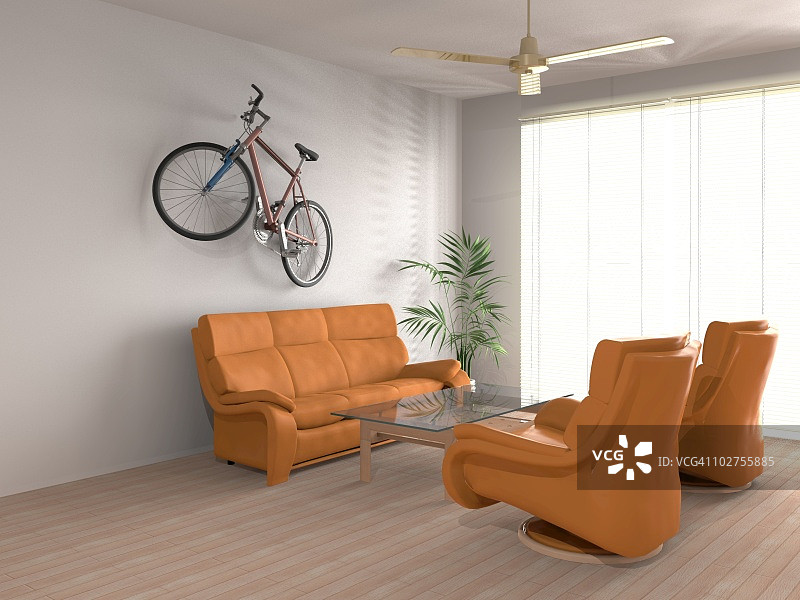 空荡荡的客厅，墙上挂着自行车，电脑绘图图片素材