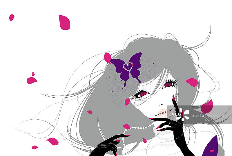 一个年轻女子的插图，她的头发上有一只紫色的蝴蝶，周围是粉红色的花瓣图片素材