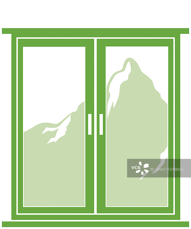透过白色背景上关闭的窗户看到的山的数字插图图片素材