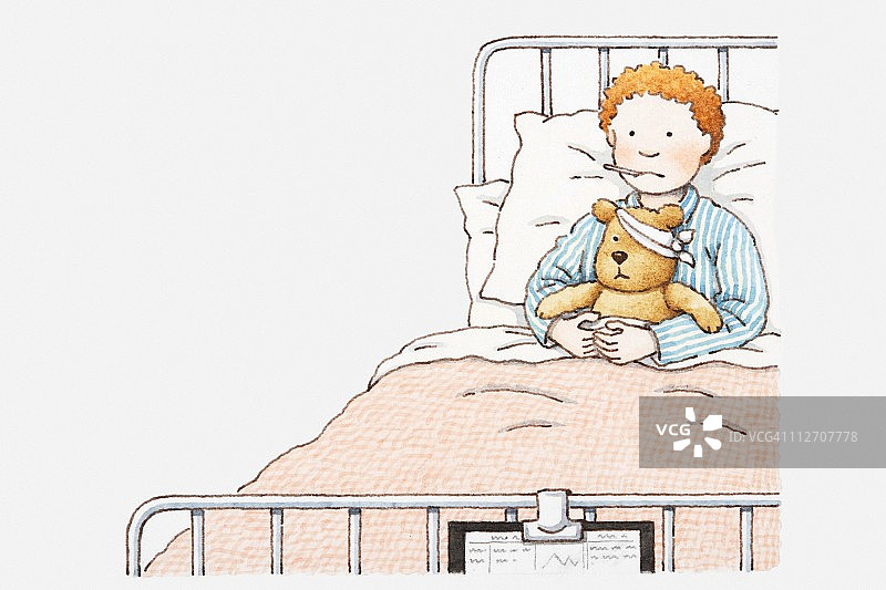 插图的一个男孩在医院的床上，与温度计在他的嘴和他的手臂周围的泰迪熊图片素材