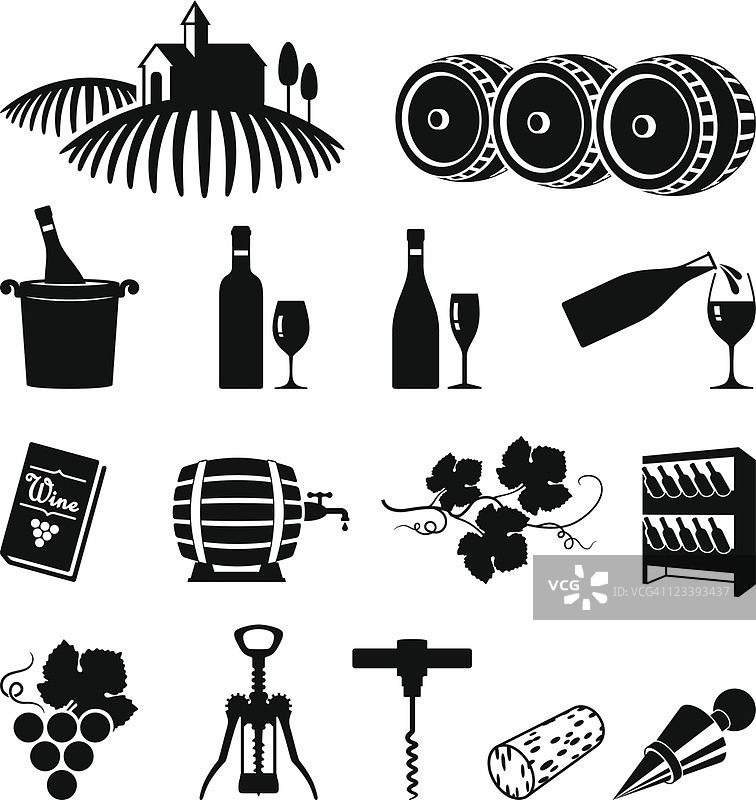 葡萄园和葡萄酒黑白矢量图标设置图片素材