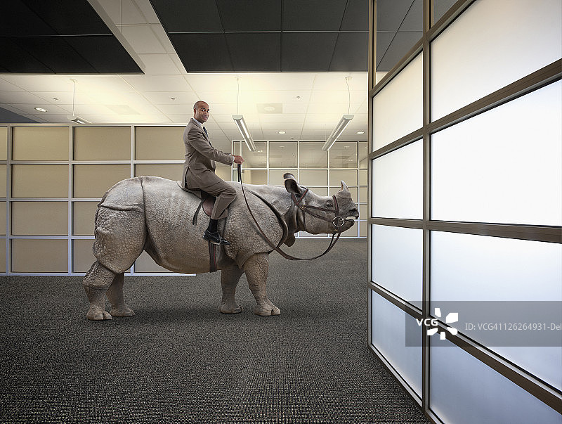 办公室里，商人骑在犀牛上图片素材