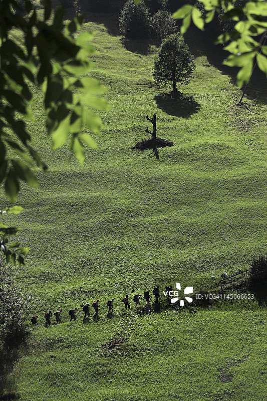 一队徒步旅行者，瑞士Lauterbrunnen图片素材