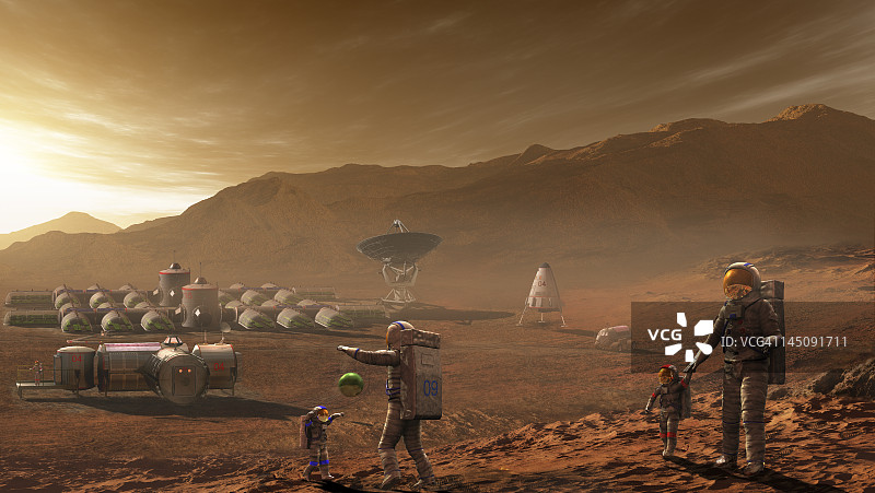 未来的火星殖民者和孩子们在火星上玩，他们称之为家的地方。图片素材