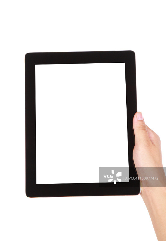 手持空白屏幕的数字平板上的白色背景图片素材