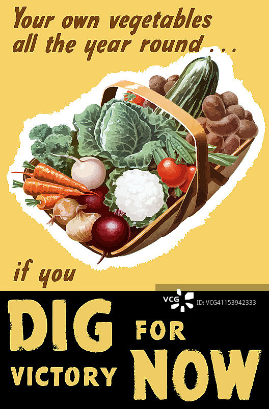 一个装满新鲜蔬菜的篮子的复古二战海报。上面写着，你一年四季都要自己种菜……如果你现在就为胜利而战图片素材
