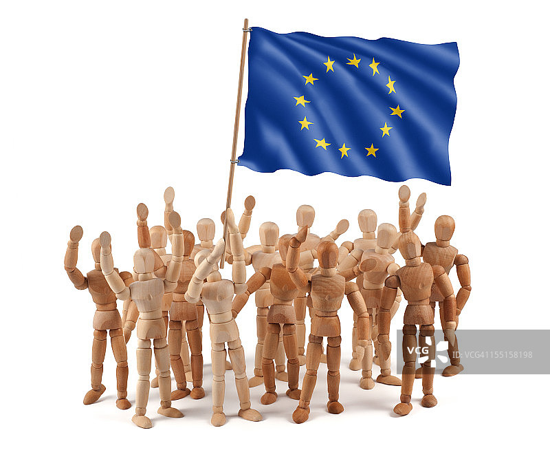 欧盟-木制人体模型组与旗帜图片素材