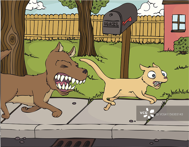 向量卡通狗追赶猫通过郊区图片素材
