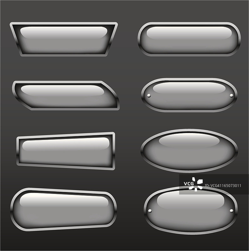 八个闪亮的银色金属按钮在灰色背景图片素材