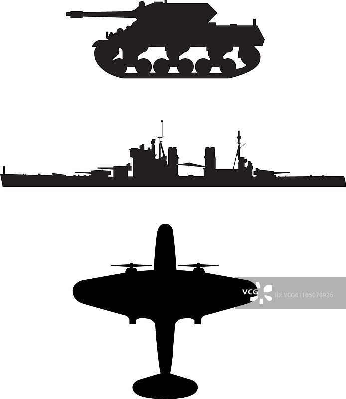 坦克，军舰和飞机剪影图片素材