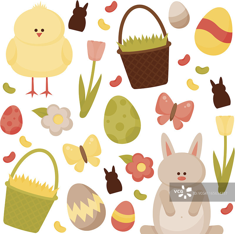 可爱的复活节插图兔子，小鸡，鸡蛋和篮子图片素材
