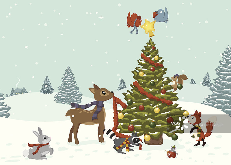 林地动物装饰圣诞树图片素材