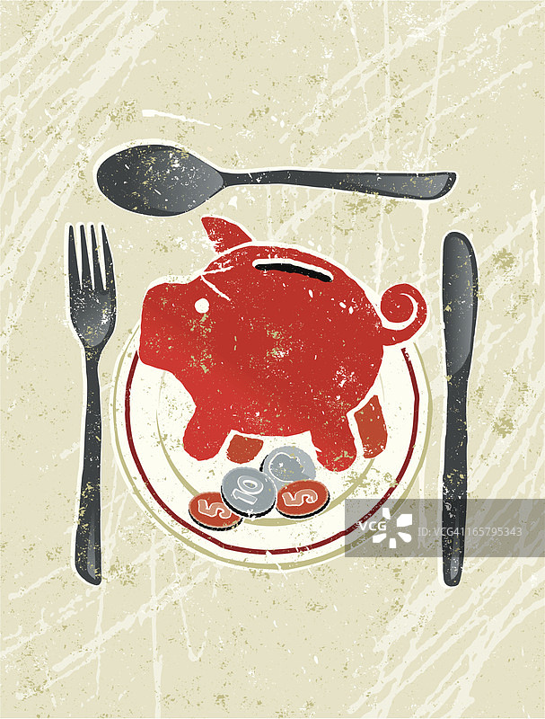 盘子与小猪银行，硬币，刀，叉和勺子图片素材
