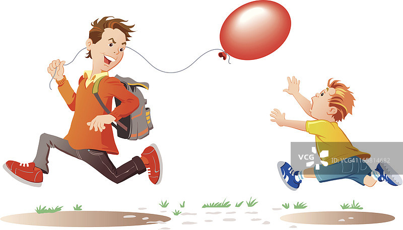 一个孩子和一个男孩带着红气球在跑图片素材