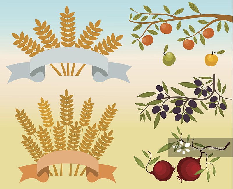 苹果，橄榄，石榴枝和小麦捆带图片素材