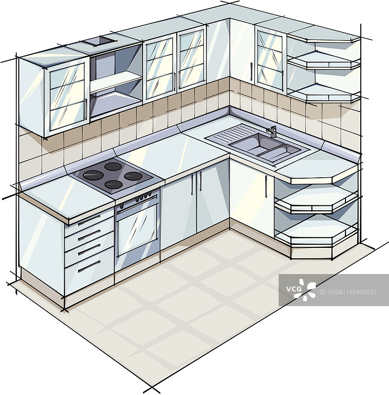 灰色现代厨房套房的色彩示意图图片素材