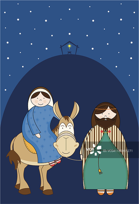约瑟夫和玛丽骑骡子的耶稣诞生场景。图片素材