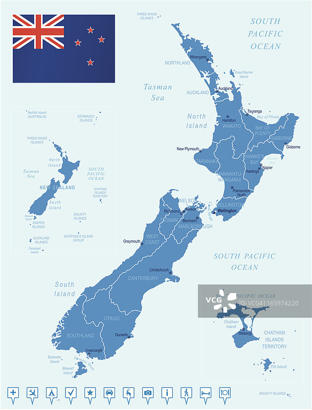 新西兰地图-州，城市，旗帜，导航图标图片素材
