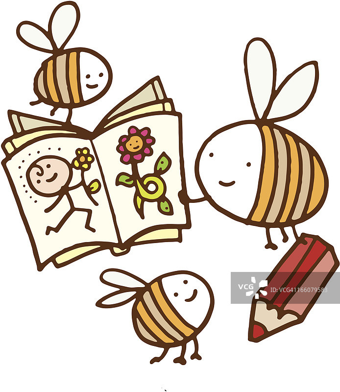 蜜蜂拿着蜡笔和一本涂色书图片素材
